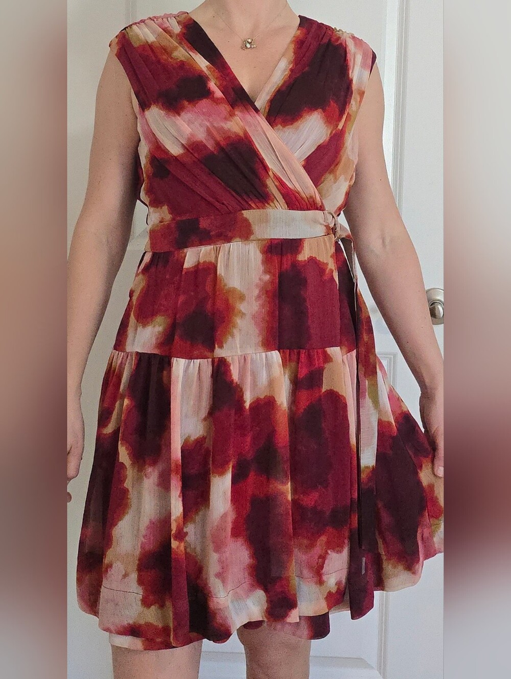 Taylor Sleeveless V-Neck Tie-Detailed Dress in Burgundy & Blush, L - Picture 4 of 16